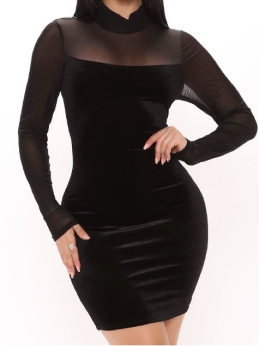Black Velvet & Mesh Long Sleeve Dress - Picture 2 of 4